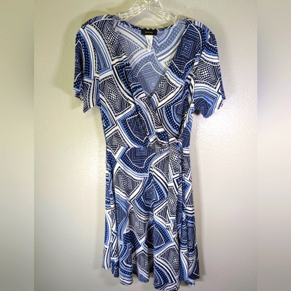 Expresso women's blue, black,white deco dress with tie front size petite medium